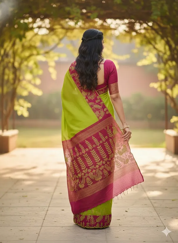 Parrot_Green_Cut_Work_With_Embroidery_Georgett_Saree_With_Contrast_Blouse