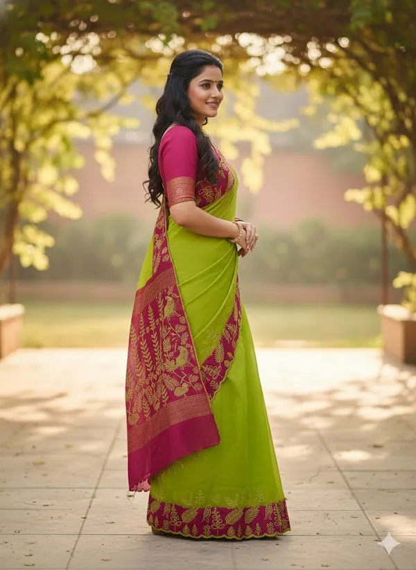 Parrot_Green_Cut_Work_With_Embroidery_Georgett_Saree_With_Contrast_Blouse