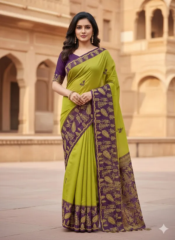 Lemon_Yellow_Cut_Work_With_Embroidery_Georgett_Saree_With_Contrast_Blouse
