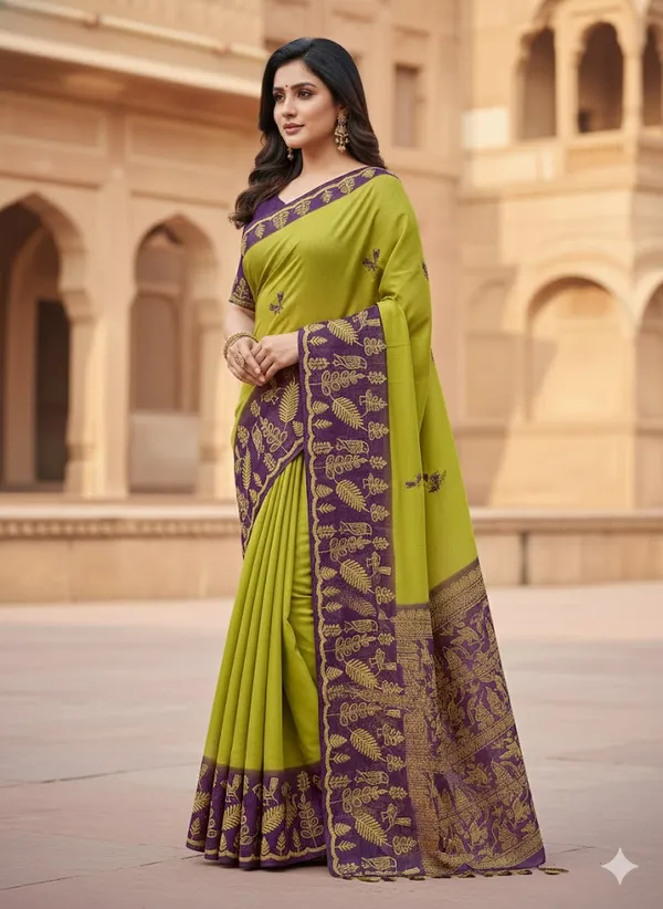Lemon_Yellow_Cut_Work_With_Embroidery_Georgett_Saree_With_Contrast_Blouse