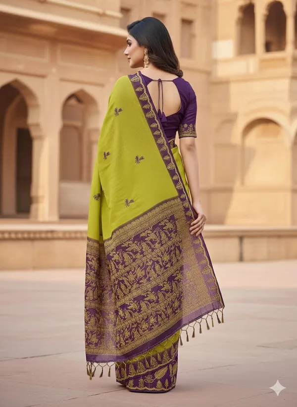 Lemon_Yellow_Cut_Work_With_Embroidery_Georgett_Saree_With_Contrast_Blouse