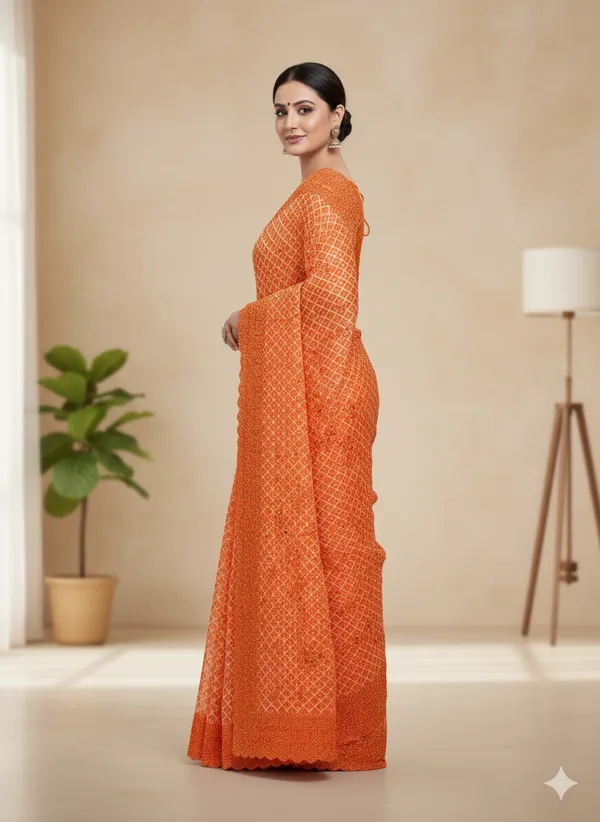 Deep_Orange_Lattice_Net_Pattern_Grids_Stone_Work_Cut_Work_Lace_Border_Weddings