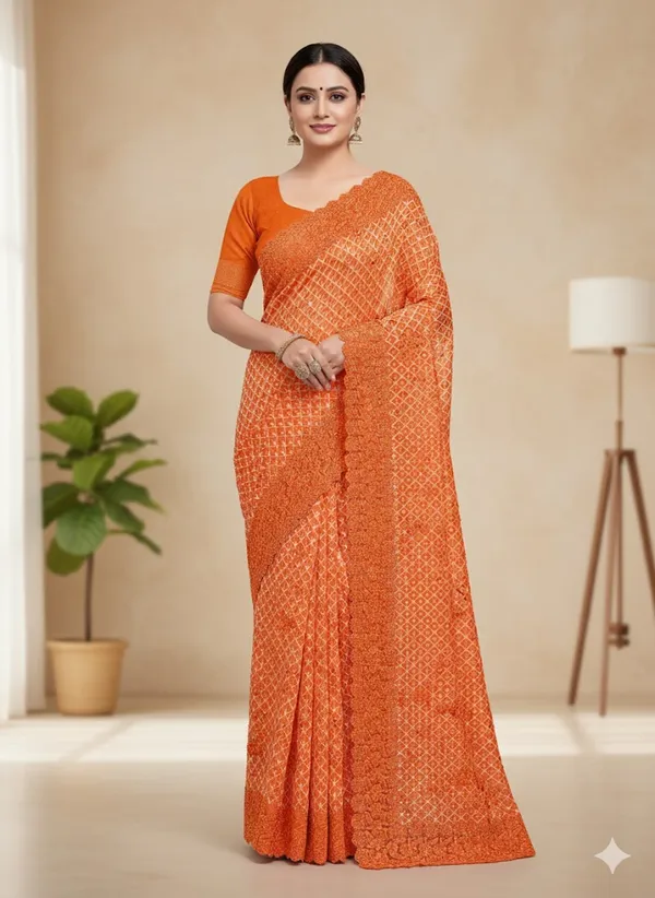 Deep_Orange_Lattice_Net_Pattern_Grids_Stone_Work_Cut_Work_Lace_Border_Weddings