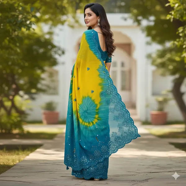 Yellow_And_Teal_Biue_Shibori_Priny_And_Mirror_Work_And_Border_Cut_Work_Saree_With_Blouse_For_Women