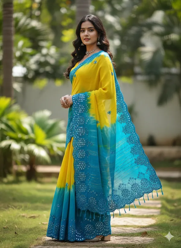 Yellow_And_Teal_Biue_Shibori_Priny_And_Mirror_Work_And_Border_Cut_Work_Saree_With_Blouse_For_Women