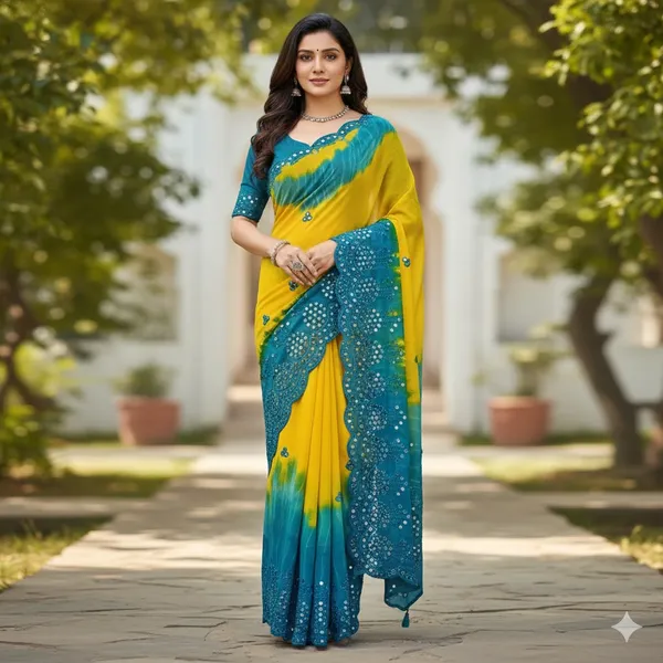 Yellow_And_Teal_Biue_Shibori_Priny_And_Mirror_Work_And_Border_Cut_Work_Saree_With_Blouse_For_Women