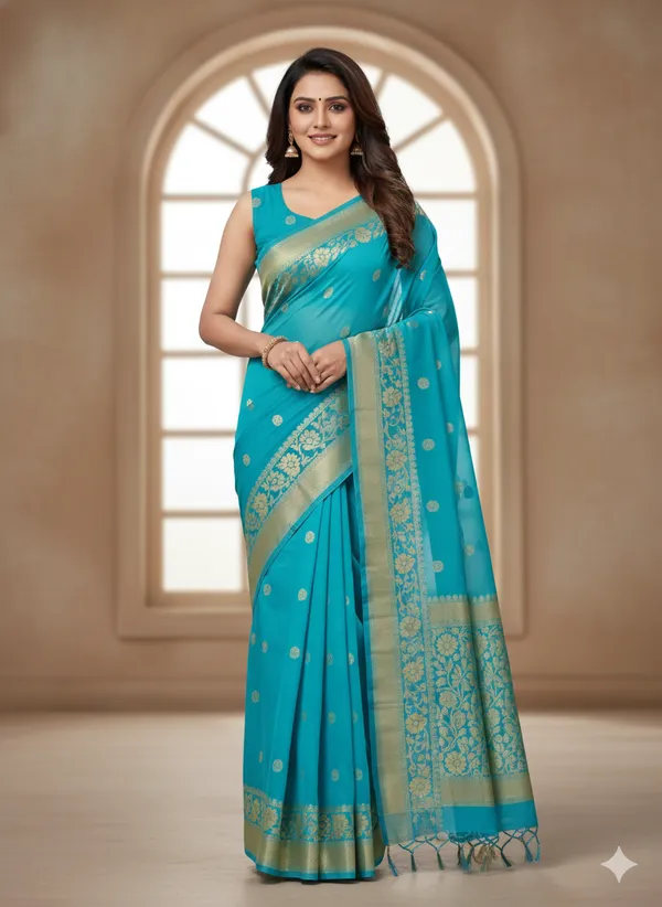 Peacock_Blue_Premium_Georette_Silk_Saree_With_Blouse_For_Women