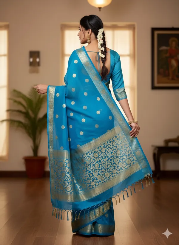 Peacock_Blue_Premium_Georette_Silk_Saree_With_Blouse_For_Women