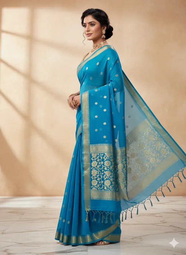 Peacock_Blue_Premium_Georette_Silk_Saree_With_Blouse_For_Women