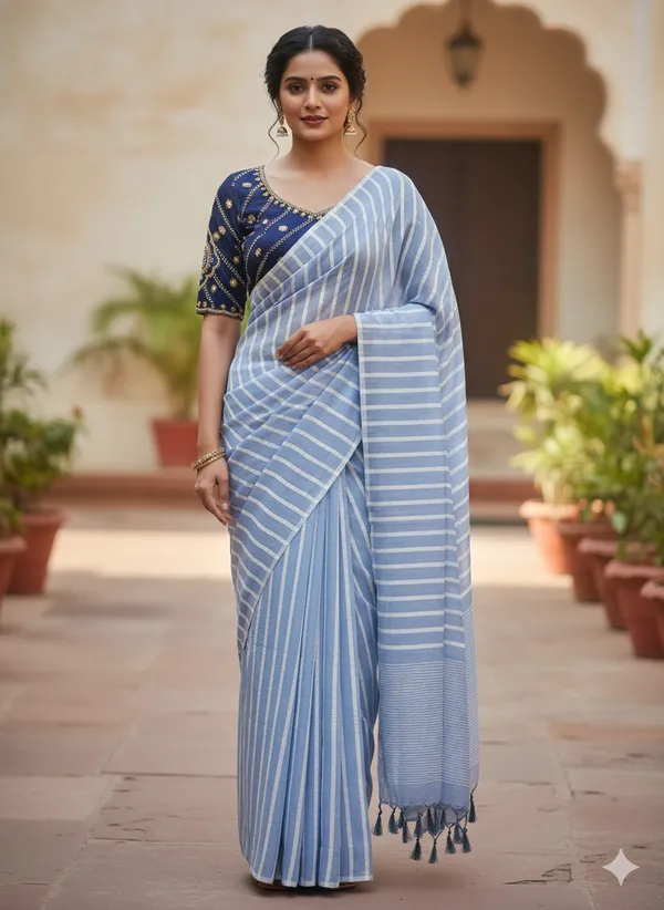 Light_Blue_Premium_Kota_Silk_Saree_With_Blouse_For_Women