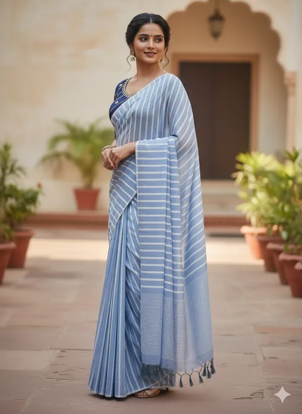 Light_Blue_Premium_Kota_Silk_Saree_With_Blouse_For_Women