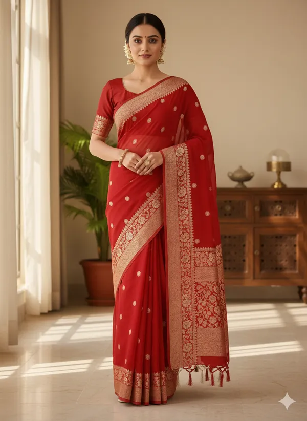Red_Premium_Georette_Silk_Saree_With_Blouse_For_Women