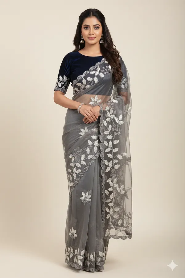 Grey_Premium_Original_Crape_Saree_With_Blouse_For_Women