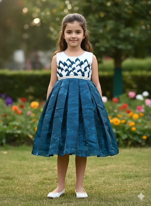 Teal_Blue_And_White_Colour_Frock_With_Pineapple_Design_Baby_Softy_Premium_Dress