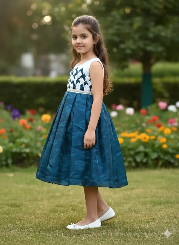 Teal_Blue_And_White_Colour_Frock_With_Pineapple_Design_Baby_Softy_Premium_Dress