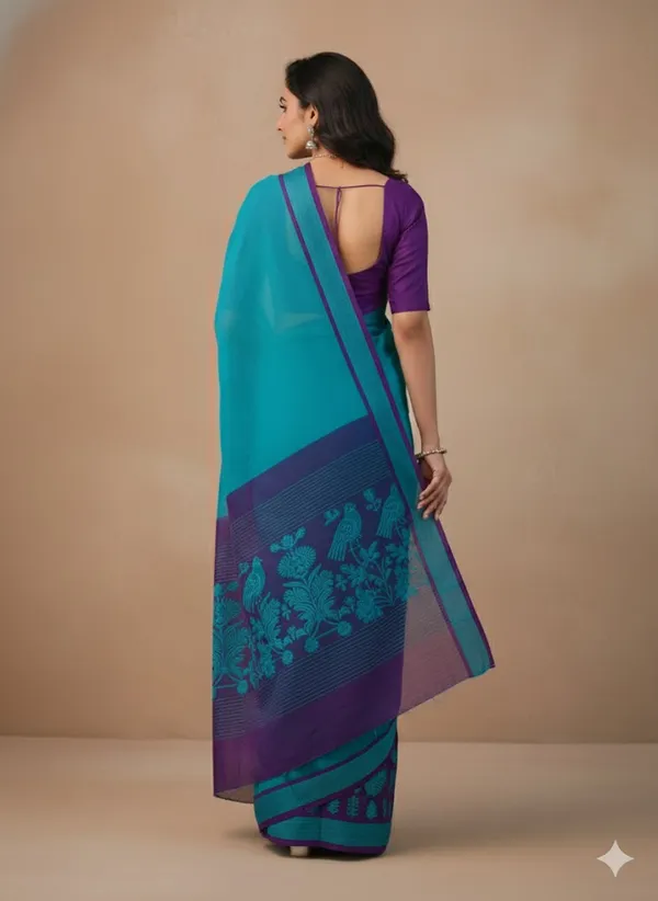 Peacock_Blue_Cut_Work_With_Embroidery_Georgett_Saree_With_Contrast_Blouse