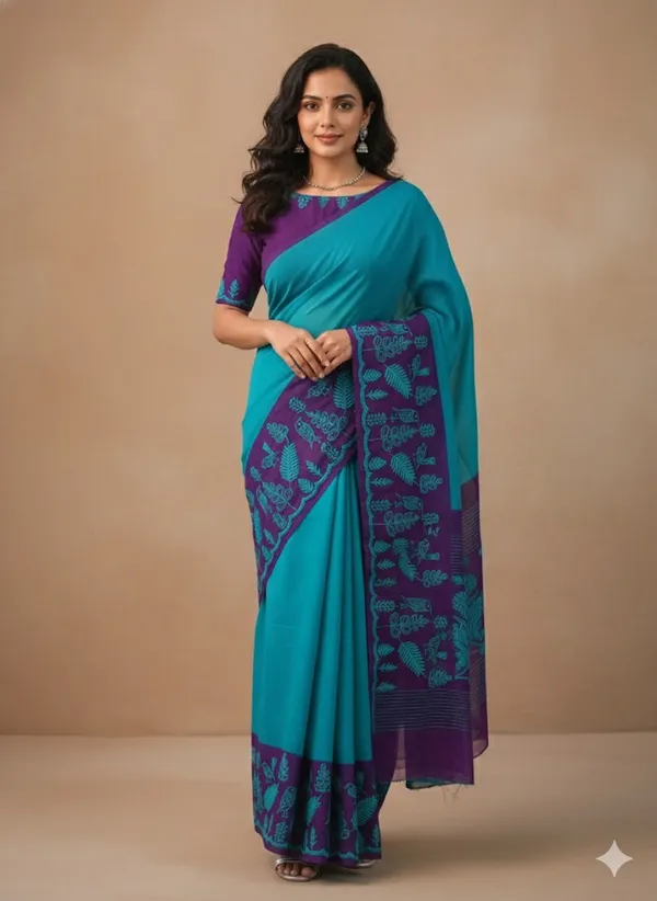 Peacock_Blue_Cut_Work_With_Embroidery_Georgett_Saree_With_Contrast_Blouse