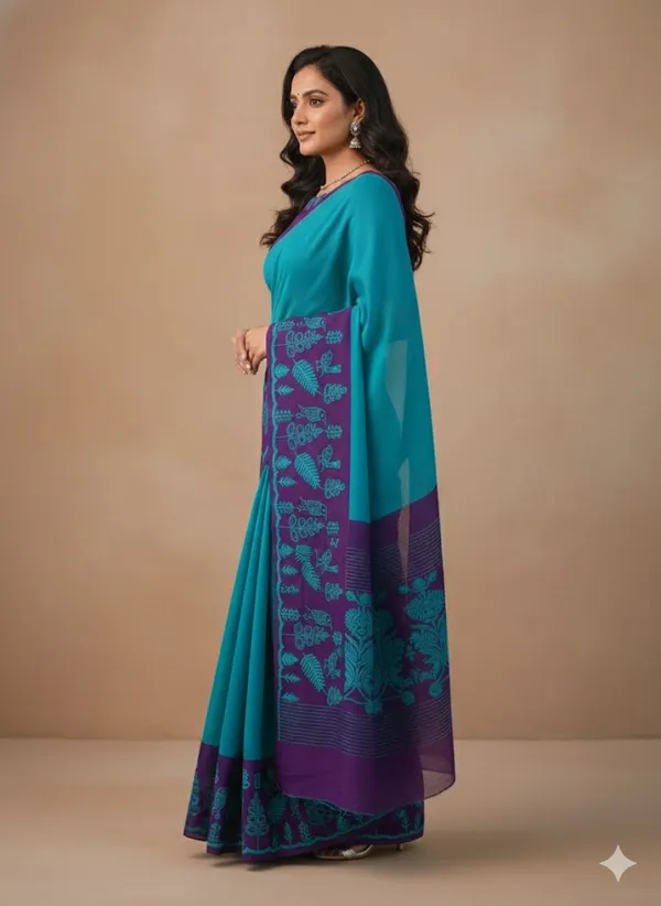 Peacock_Blue_Cut_Work_With_Embroidery_Georgett_Saree_With_Contrast_Blouse