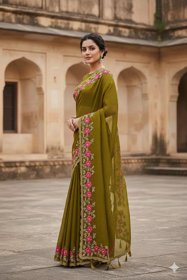 Mehndi_Premium_Original_Crape_Saree_With_Blouse_For_Women