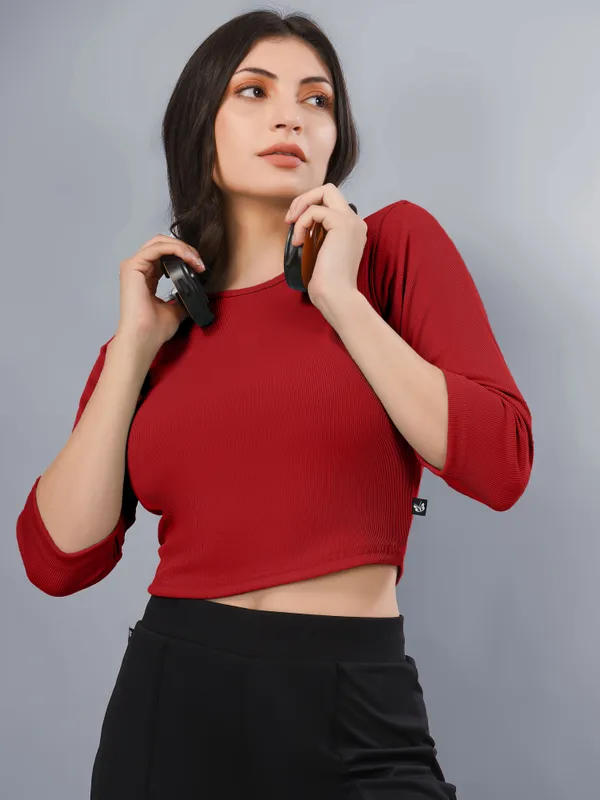 Plus_Size_Crop_Top_for_Women_Round_Neck_3/4_Sleeve_Top