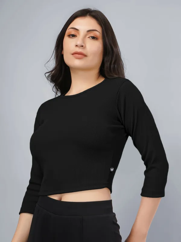 Plus_Size_Crop_Top_for_Women_Round_Neck_3/4_Sleeve_Top