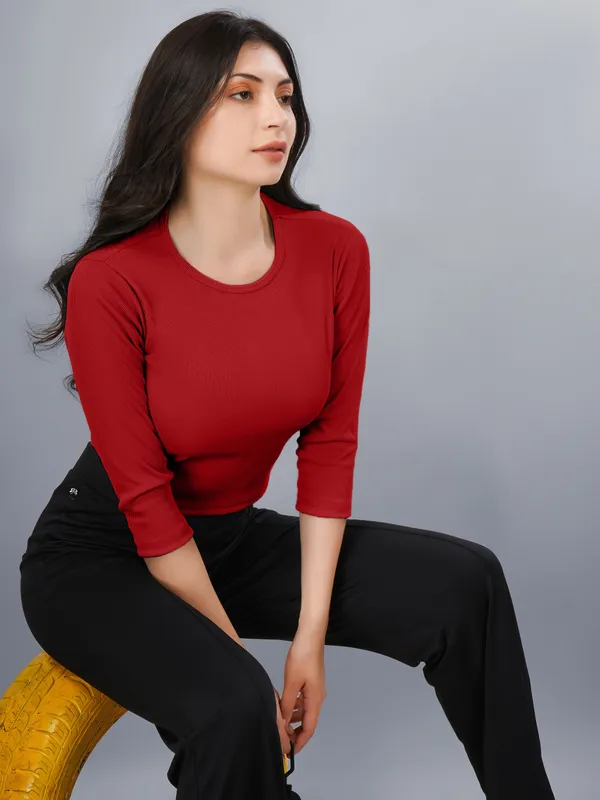 Plus_Size_Crop_Top_for_Women_Round_Neck_3/4_Sleeve_Top