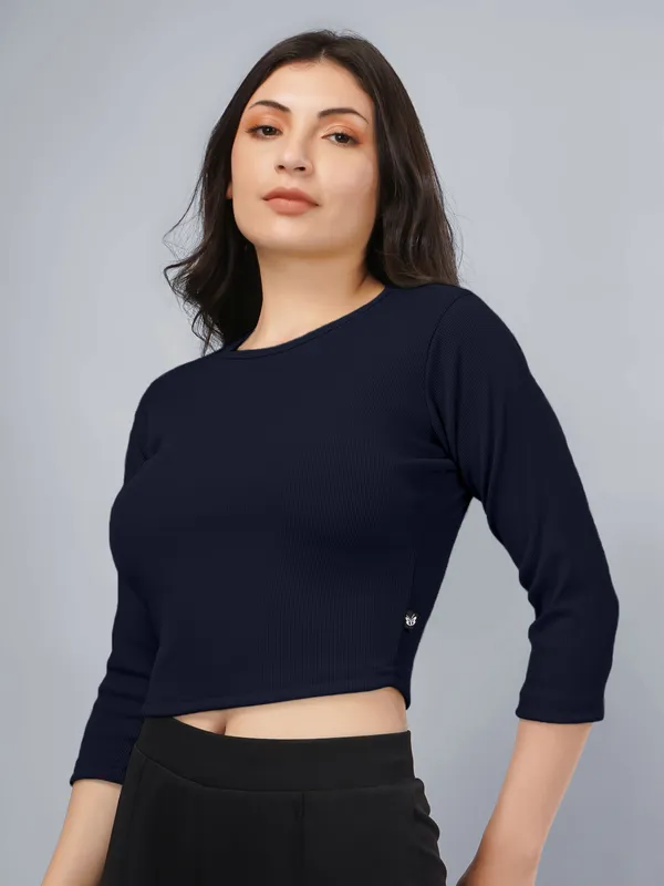 Plus_Size_Crop_Top_for_Women_Round_Neck_3/4_Sleeve_Top