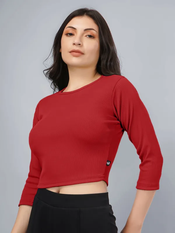 Plus_Size_Crop_Top_for_Women_Round_Neck_3/4_Sleeve_Top