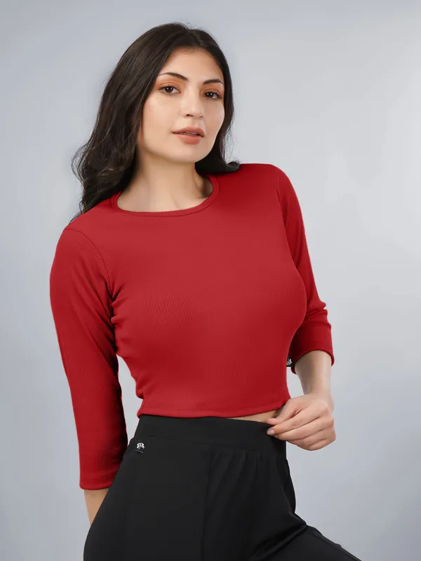 Plus_Size_Crop_Top_for_Women_Round_Neck_3/4_Sleeve_Top