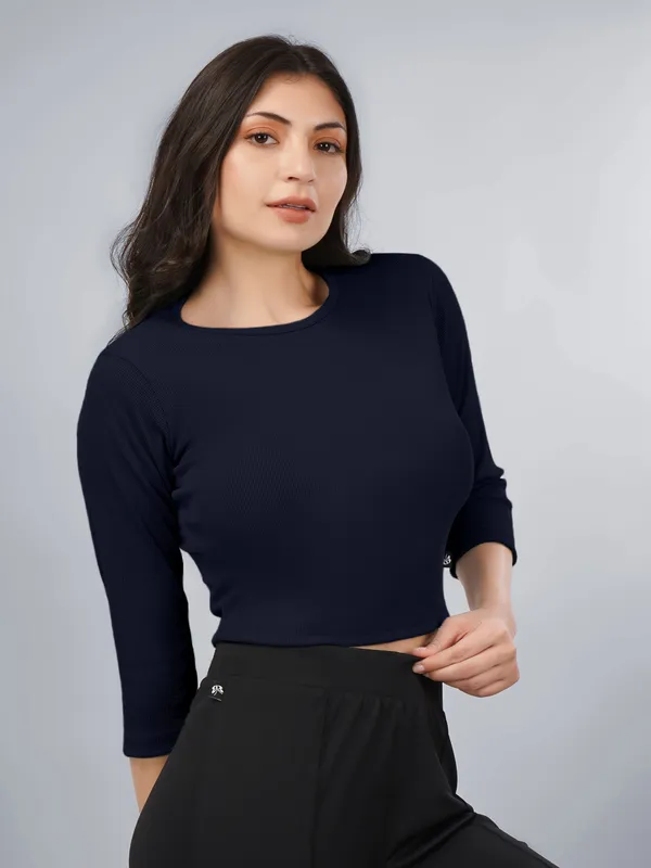 Plus_Size_Crop_Top_for_Women_Round_Neck_3/4_Sleeve_Top