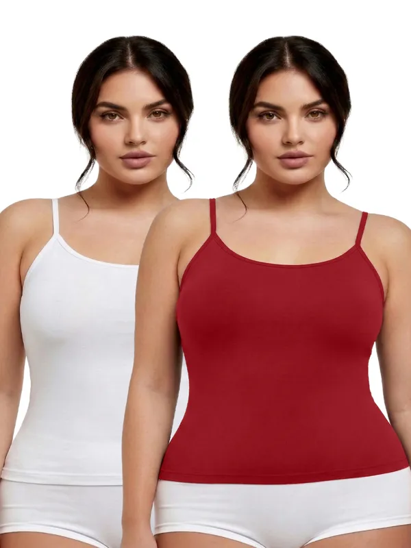 Plus_Size_Women_Camisole_Stretchable_Cotton_Fabric_(White_Maroon