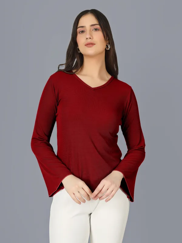 Plus_Size_Women_Top_Bell_Sleeve_Maroon
