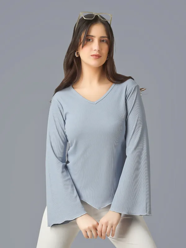 Plus_Size_Women_Top_Bell_Sleeve_Sky_Blue