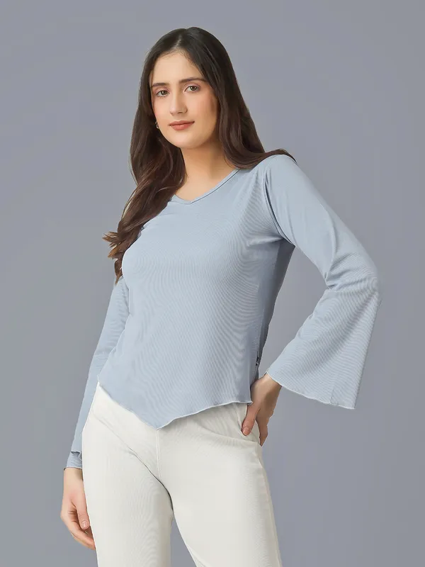 Plus_Size_Women_Top_Bell_Sleeve_Sky_Blue