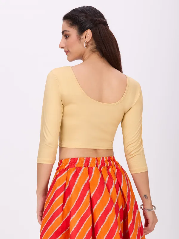 Plus_Size__3/4_Sleeve_Round_Neck_Stretchable_Shimmer_Blouse_Gold