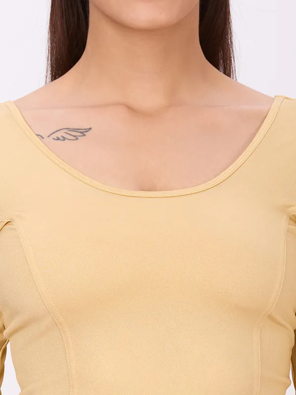 Plus_Size__3/4_Sleeve_Round_Neck_Stretchable_Shimmer_Blouse_Gold