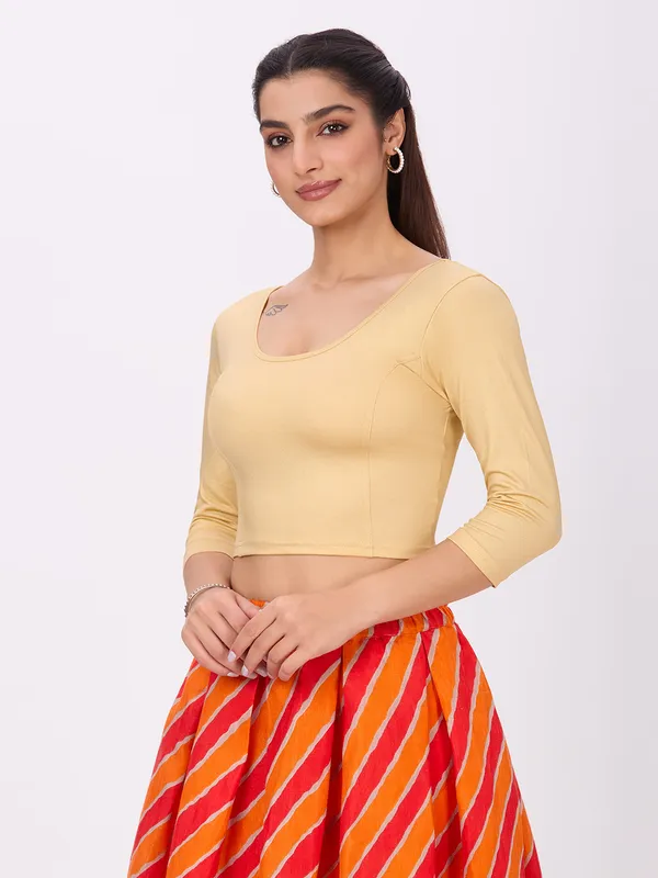 Plus_Size__3/4_Sleeve_Round_Neck_Stretchable_Shimmer_Blouse_Gold