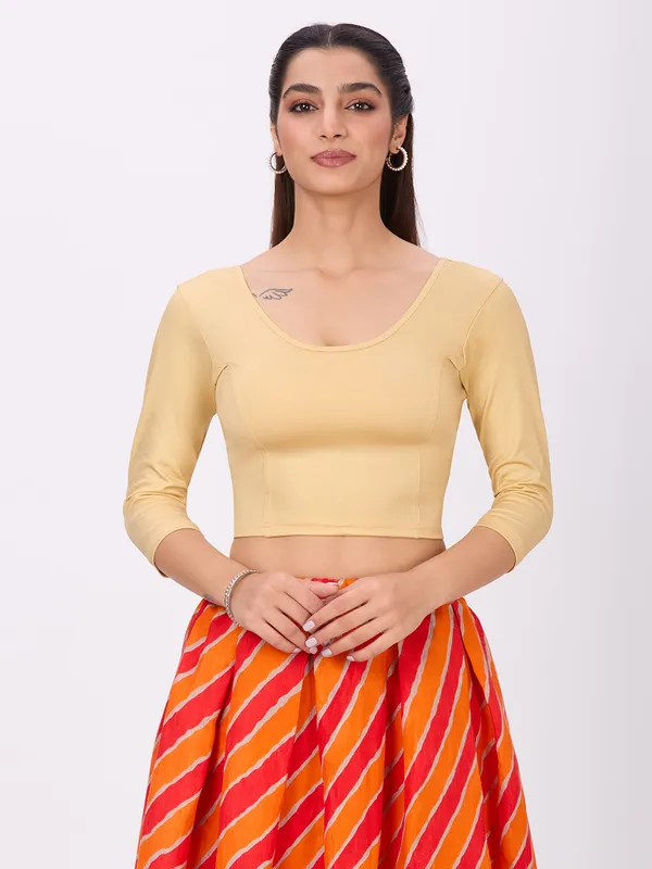Plus_Size__3/4_Sleeve_Round_Neck_Stretchable_Shimmer_Blouse_Gold