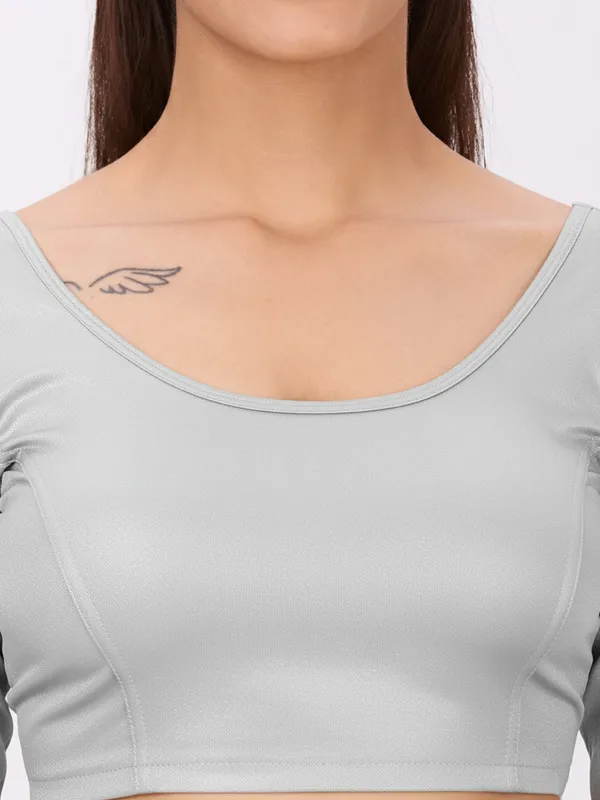 Plus_Size__3/4_Sleeve_Round_Neck_Stretchable_Shimmer_Blouse_Silver