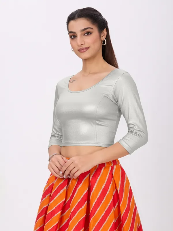 Plus_Size__3/4_Sleeve_Round_Neck_Stretchable_Shimmer_Blouse_Silver