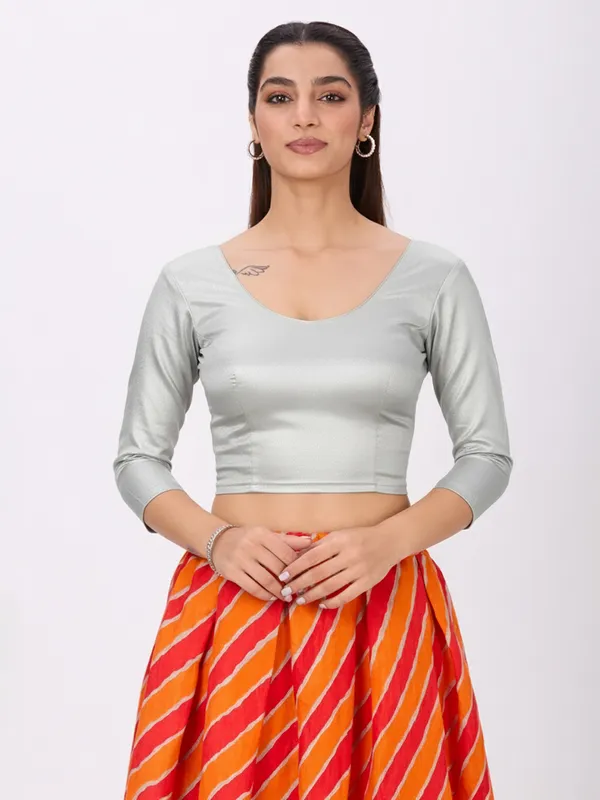 Plus_Size__3/4_Sleeve_Round_Neck_Stretchable_Shimmer_Blouse_Silver