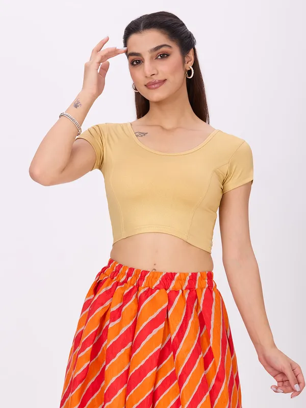 Plus_Size__Short_Sleeve_Round_Neck_Stretchable_Shimmer_Blouse_Gold