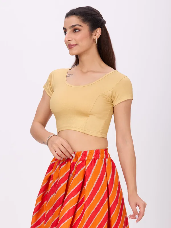 Plus_Size__Short_Sleeve_Round_Neck_Stretchable_Shimmer_Blouse_Gold