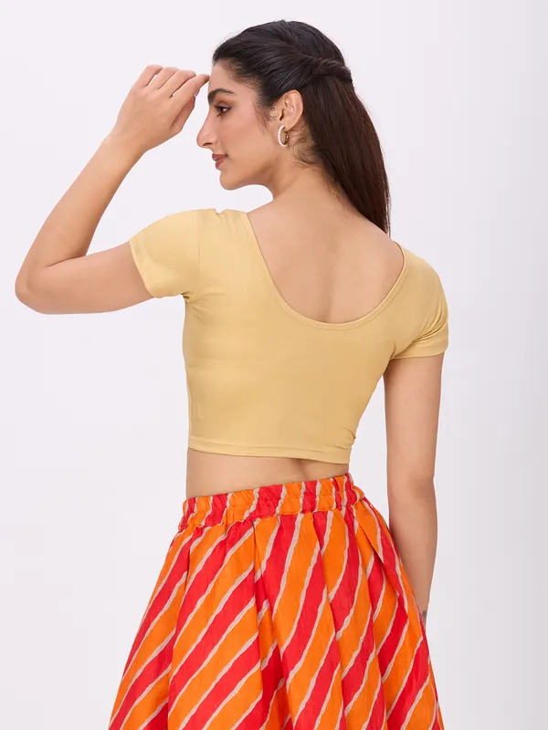 Plus_Size__Short_Sleeve_Round_Neck_Stretchable_Shimmer_Blouse_Gold