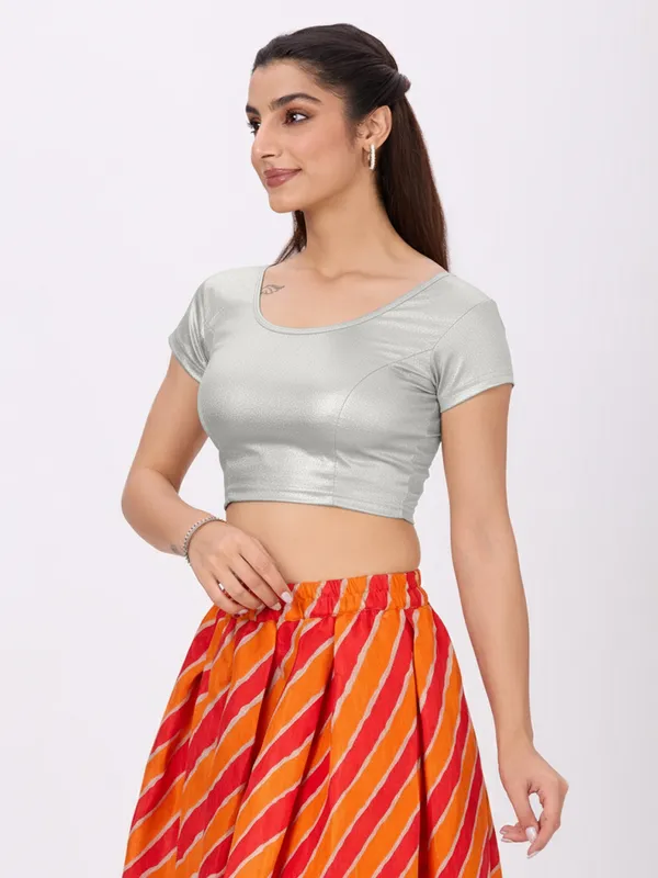 Plus_Size__Short_Sleeve_Round_Neck_Stretchable_Shimmer_Blouse_Silver