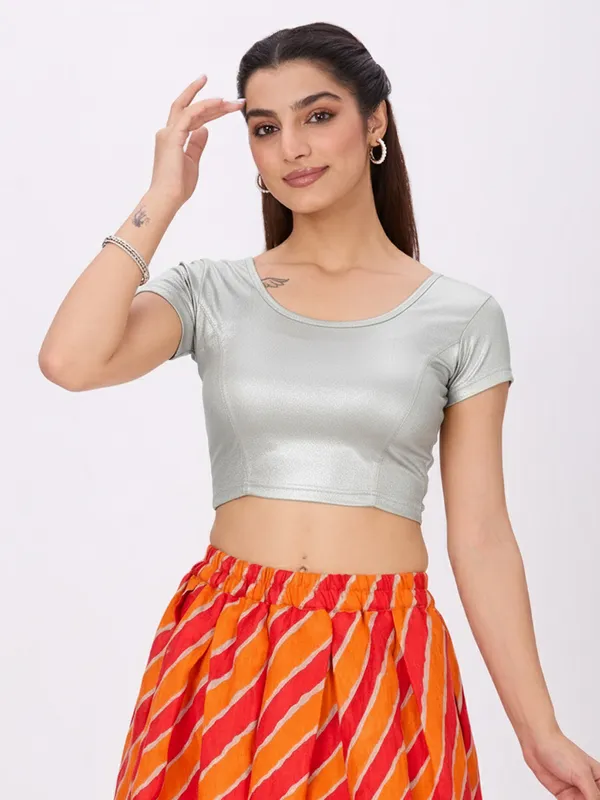 Plus_Size__Short_Sleeve_Round_Neck_Stretchable_Shimmer_Blouse_Silver