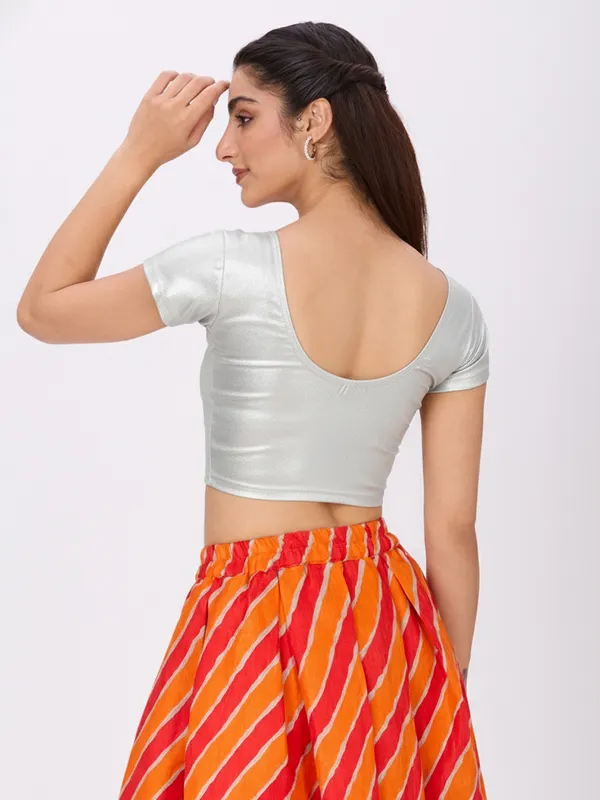 Plus_Size__Short_Sleeve_Round_Neck_Stretchable_Shimmer_Blouse_Silver