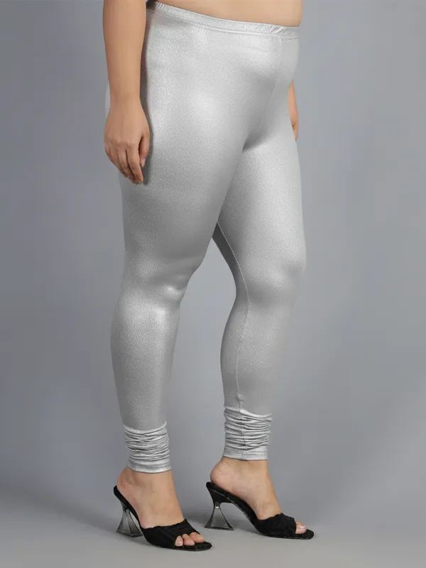Silver_Solid_Plus_Size_Churidar_Ethnic_Wear_Shimmer_Legging_For_Women