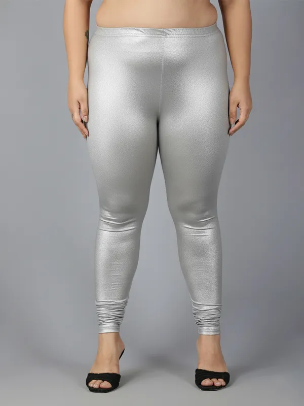 Silver_Solid_Plus_Size_Churidar_Ethnic_Wear_Shimmer_Legging_For_Women