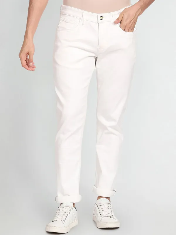 White_Mid_Rise_Cotton_Blend_Slim_Jeans_For_Men
